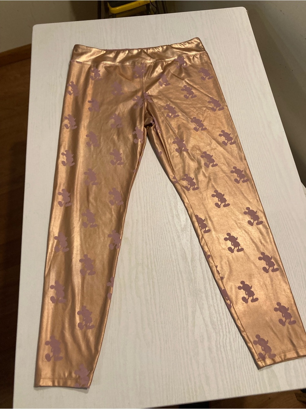 Metallic Rose Gold Leggings with Mickey Mouse Print